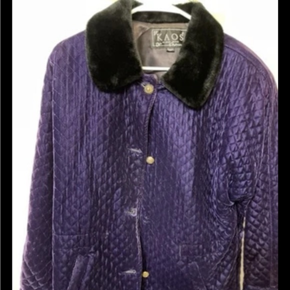 KAOS by Andy‎ Jones Purple Quilted Velvet  Jacket Coat Vintage Faux Fur Collar - Picture 1 of 11